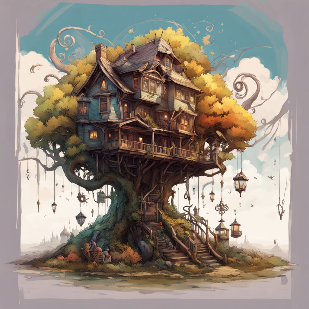 Fantasy Treehouses in Flowering Yggdrasil, Colorful Realism