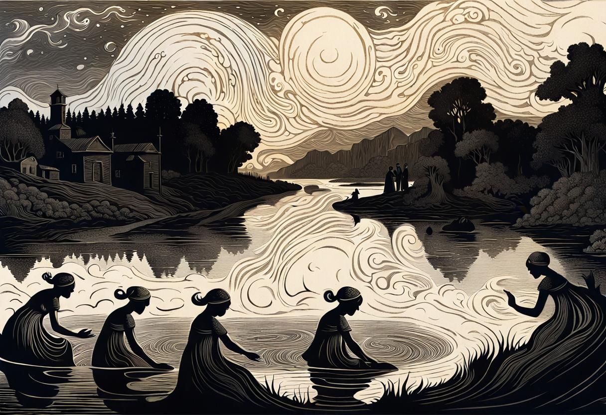 Virgo Zodiac Woodcut Print: Maidens at Sunset