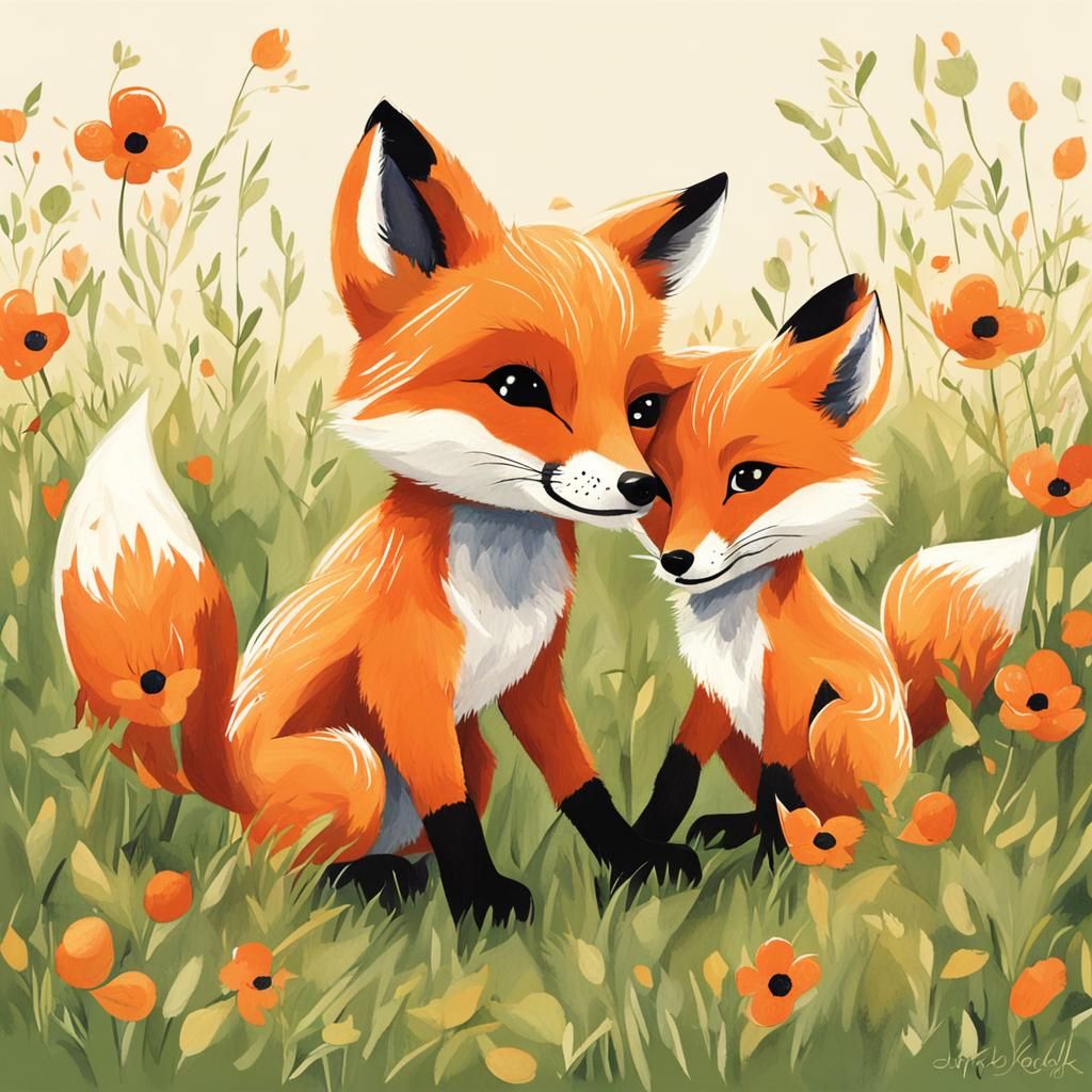 Baby Foxes Play in Field: Storybook Art