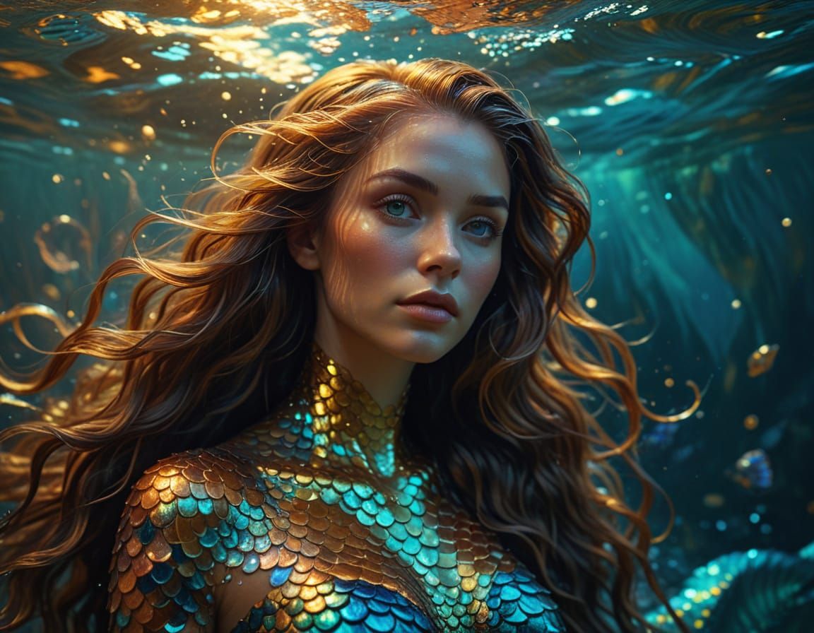 Surreal Mermaid in Golden Light: Oil Painting Style