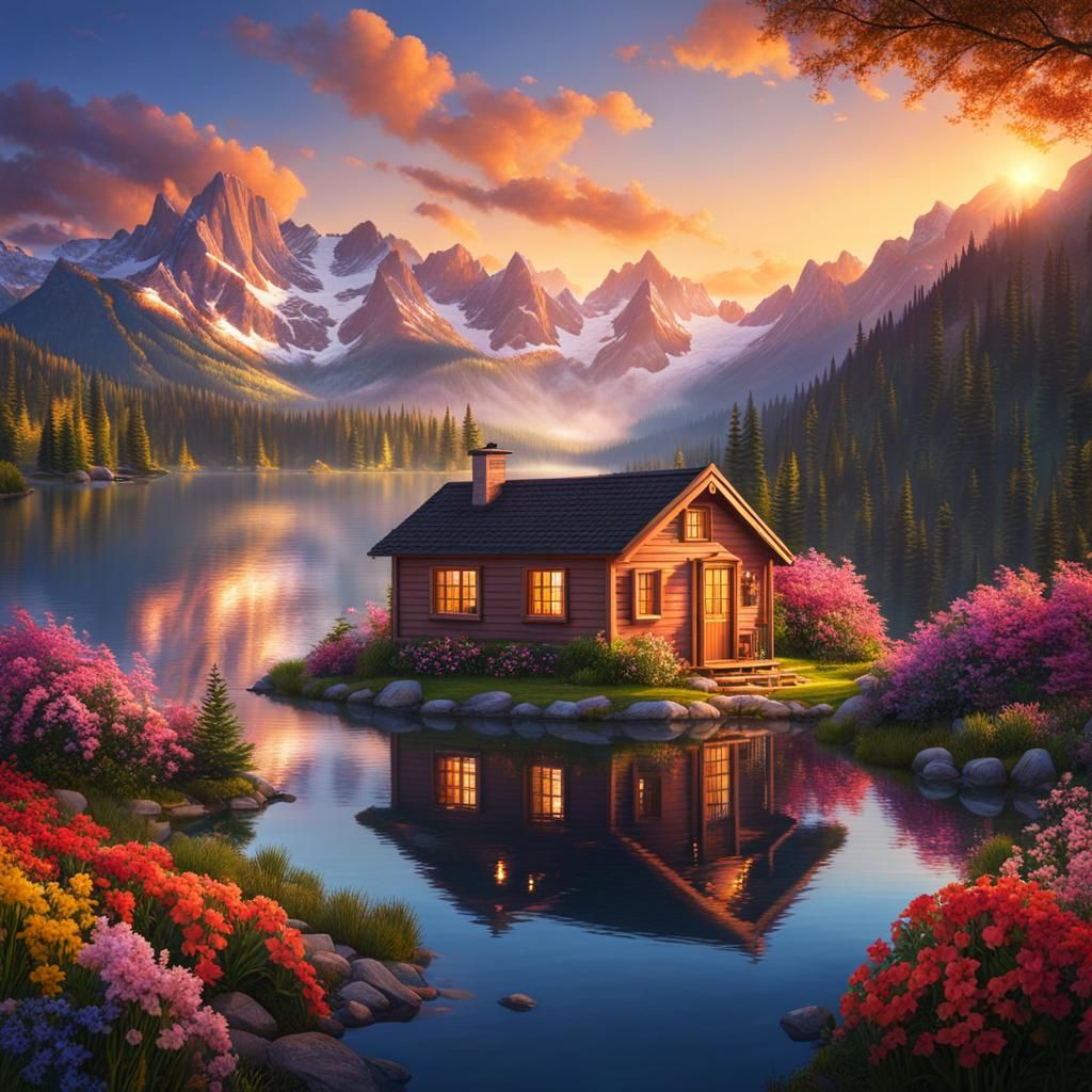 Sunrise Over Mountain Lake with Tiny Flower House