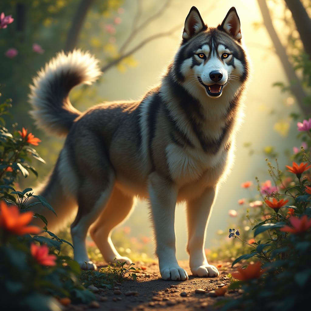 Regal Hybrid of Husky and Tiger in Dreamlike Environment