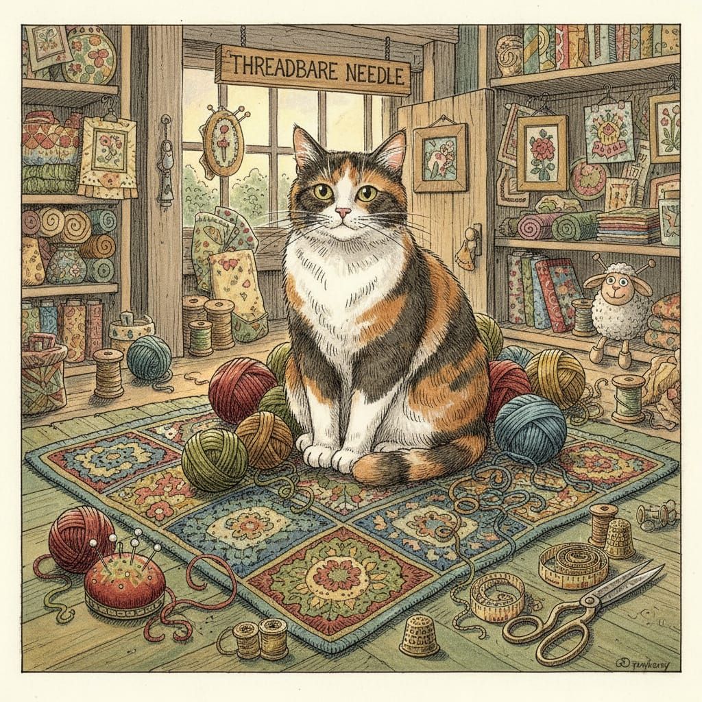 Crochet Calico Cat in Cozy Sewing Shop
