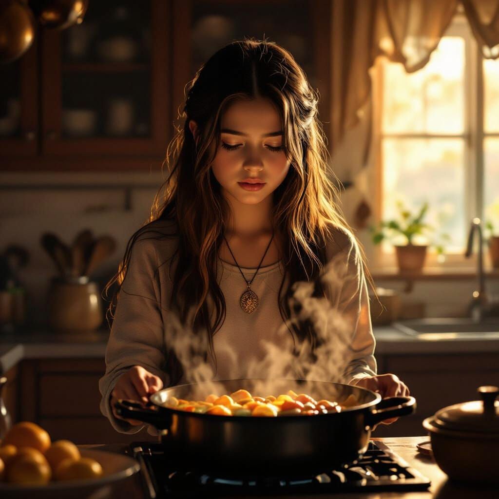 Sad Eager Girl Prepares Hotpot in Warm Kitchen