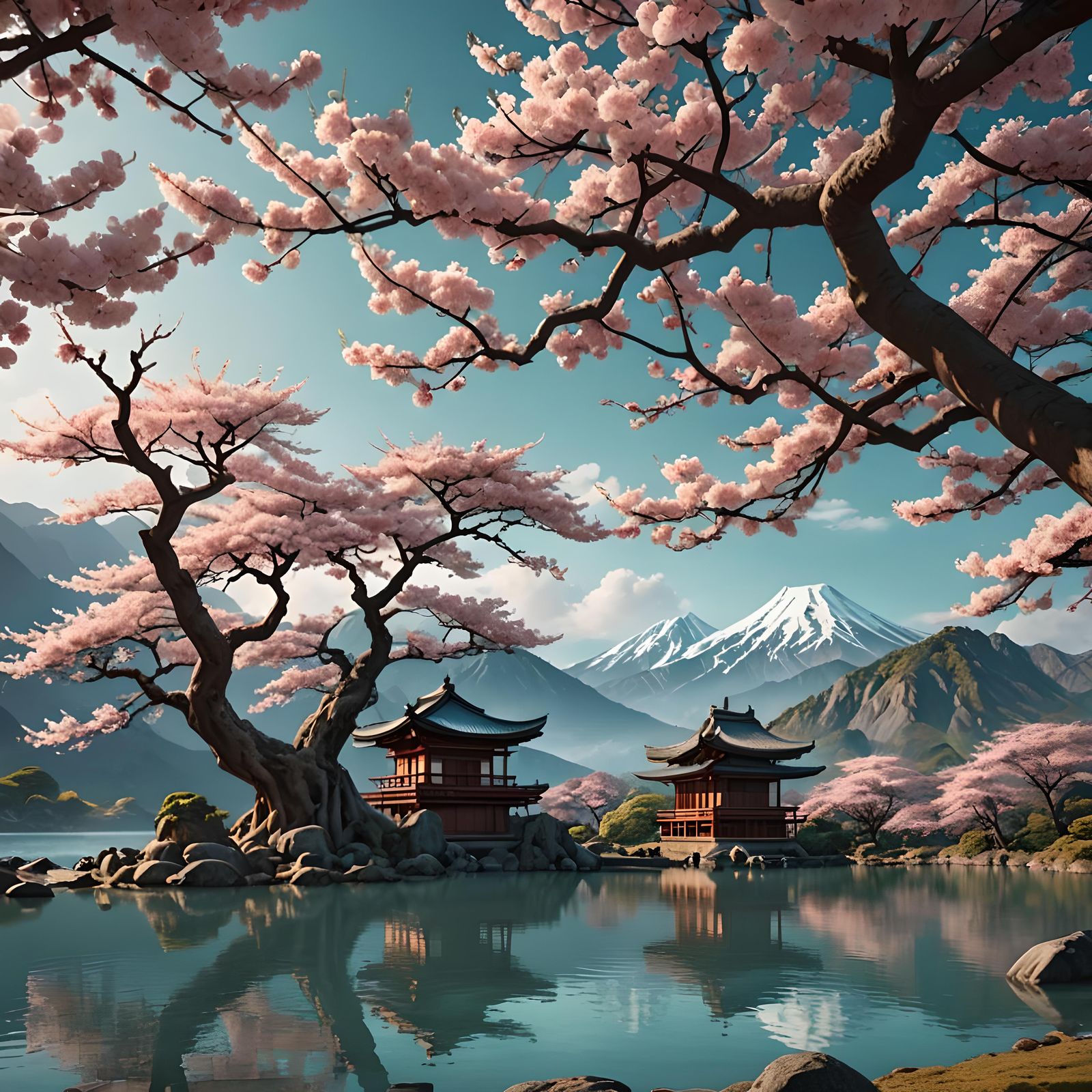 Sakura Tree by Lake: Fantasy Concept Art