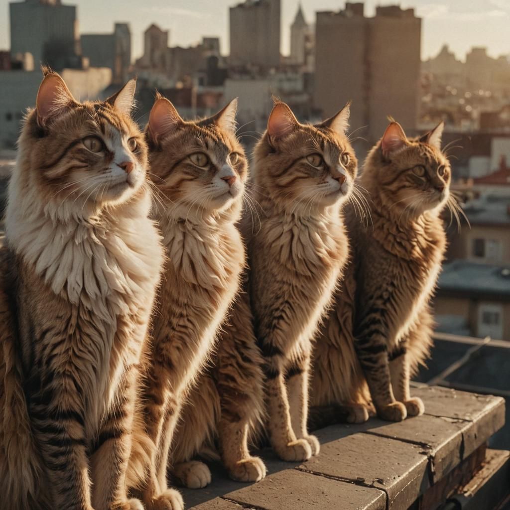 Fluffy Cat Family on Rooftop in Cinematic Style