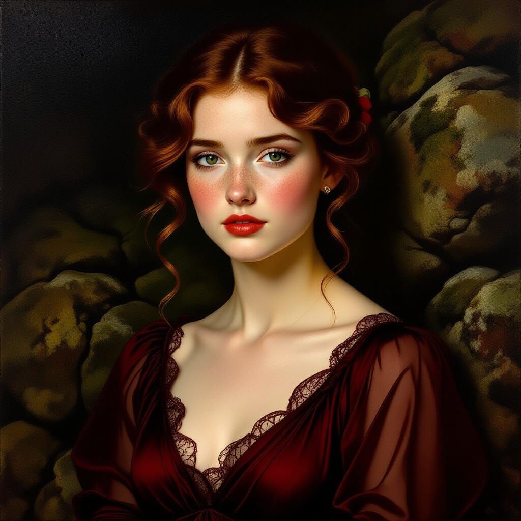 Oil Painting of Irish Woman in Red Dress, Moody Lighting