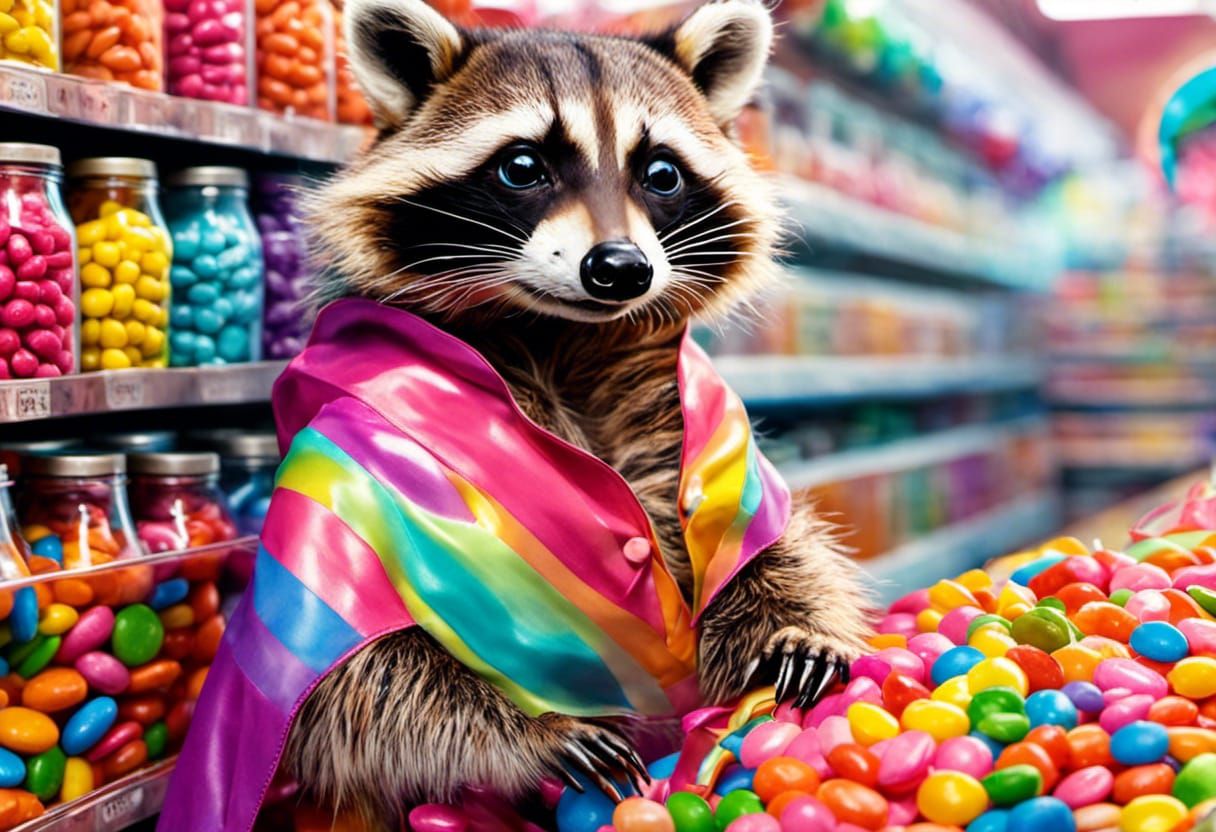 Raccoon Candy Clerk in Colorful Candy Shop