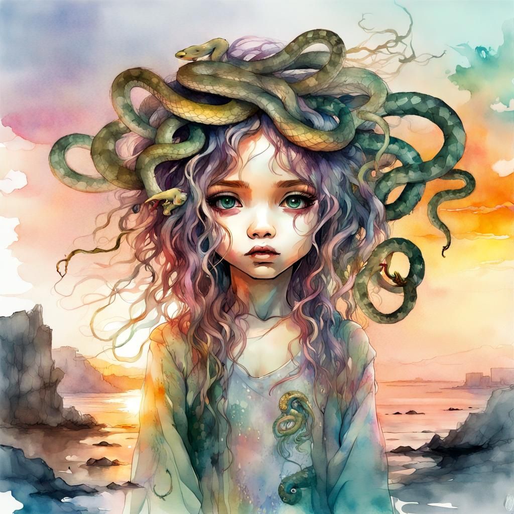 Chibi Medusa in Watercolor Sunset