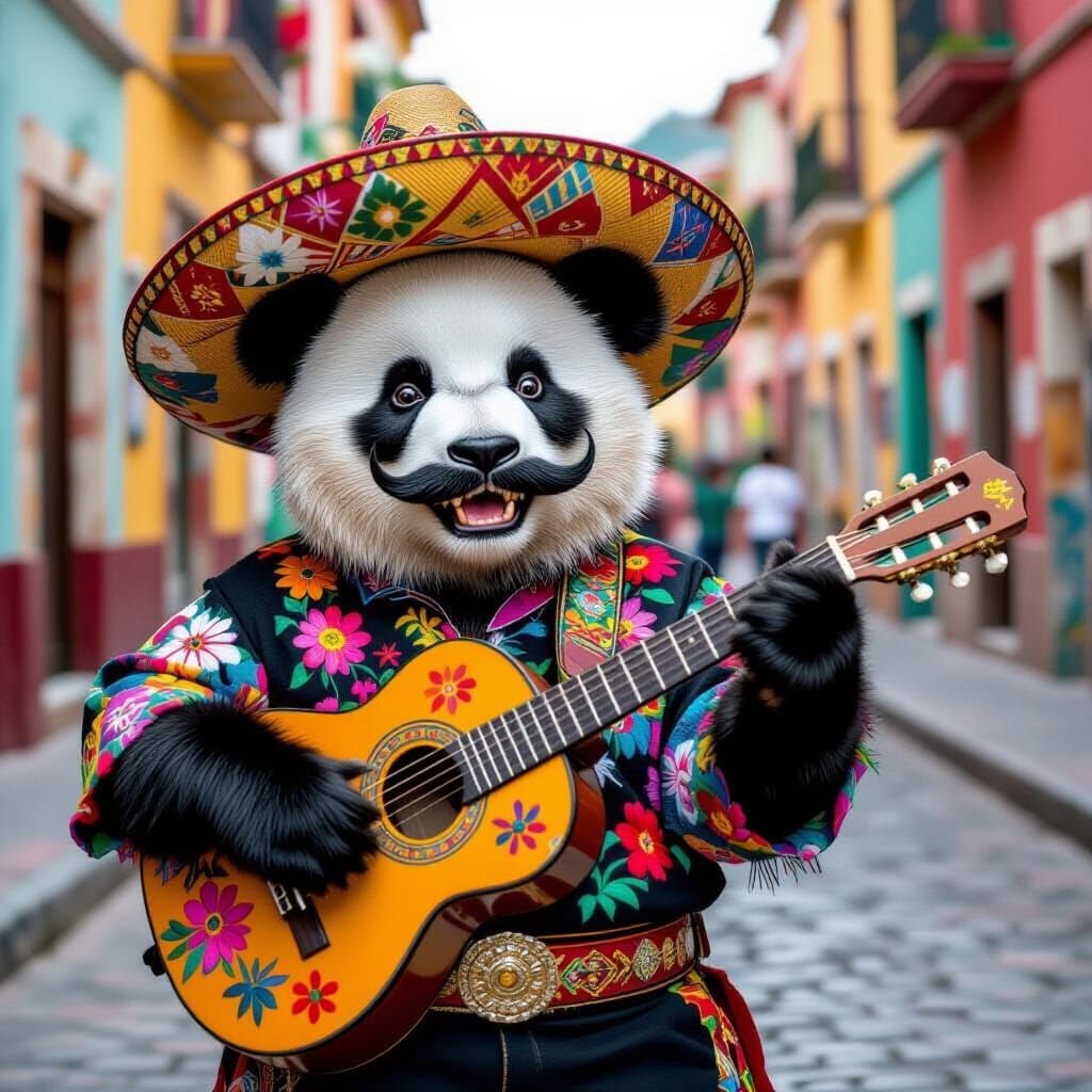 Panda Mariachi with Sombrero in Frida Kahlo Style