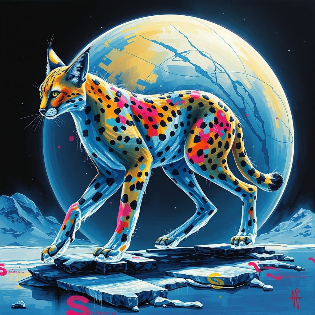 Icy Serval Striding Across Frozen Planet in Graffiti Style