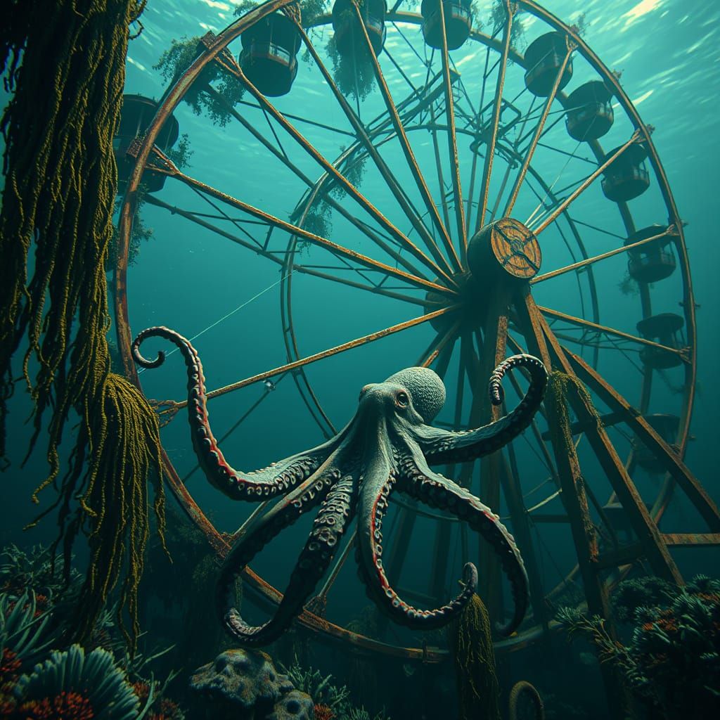 Underwater Ferris Wheel with Octopus: Digital Matte Painting