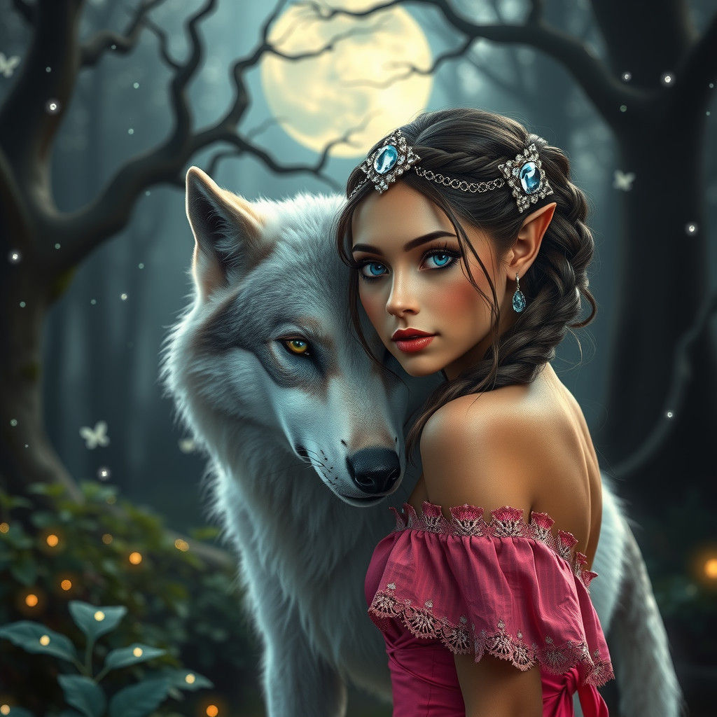 Elf with Wolf in Moonlit Forest