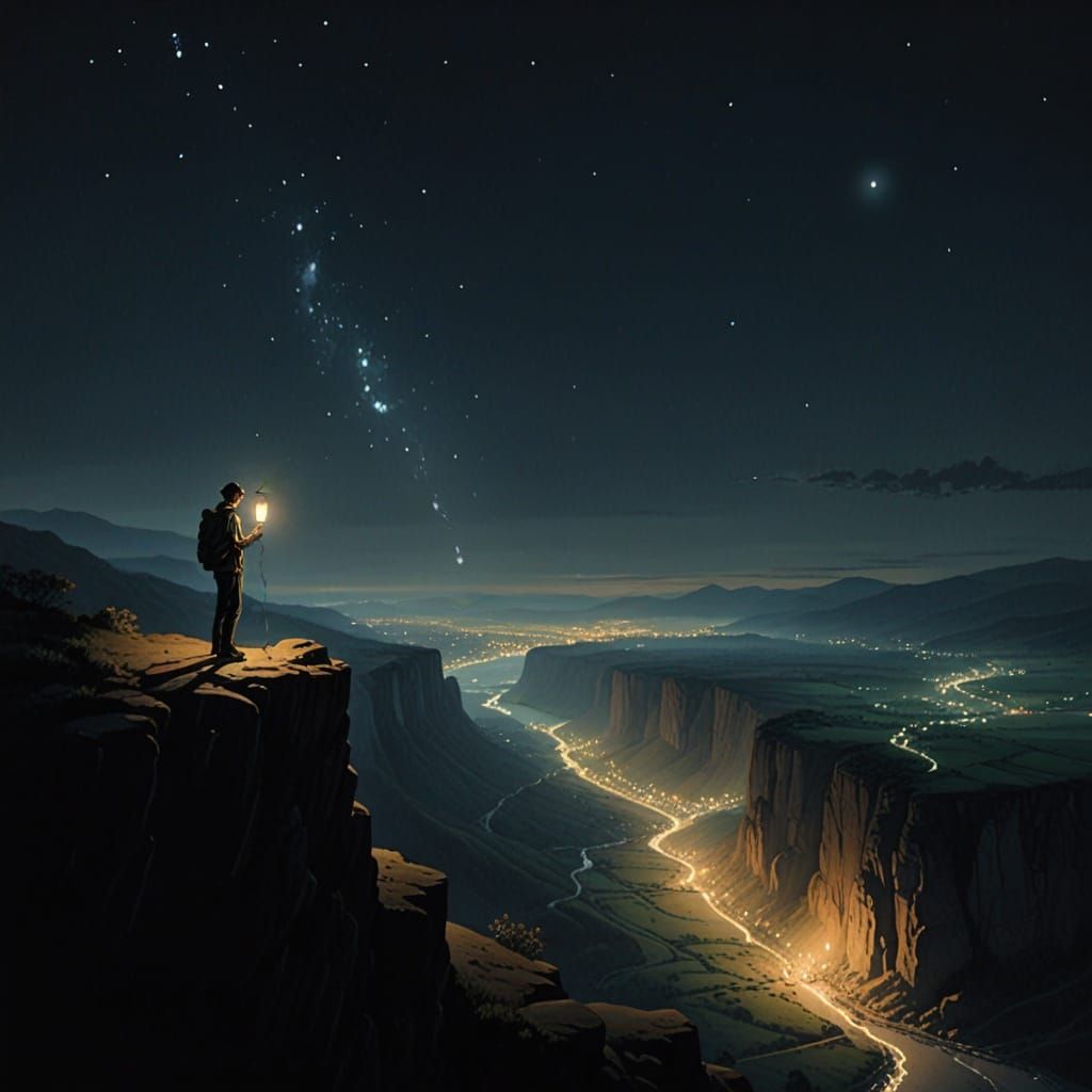 Solitary Figure with Lantern on Cliff Edge