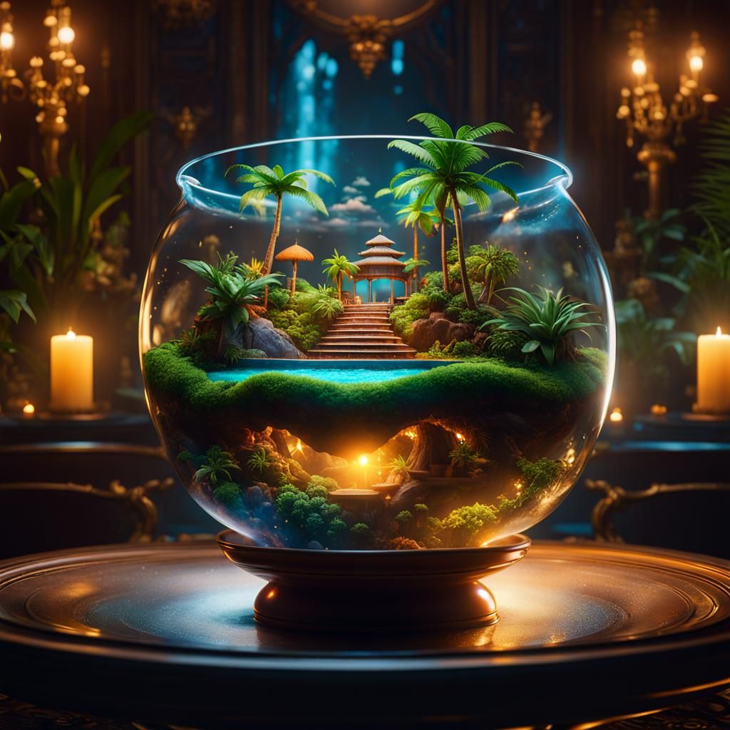 Tropical Island Oasis in Teacup, Photorealistic