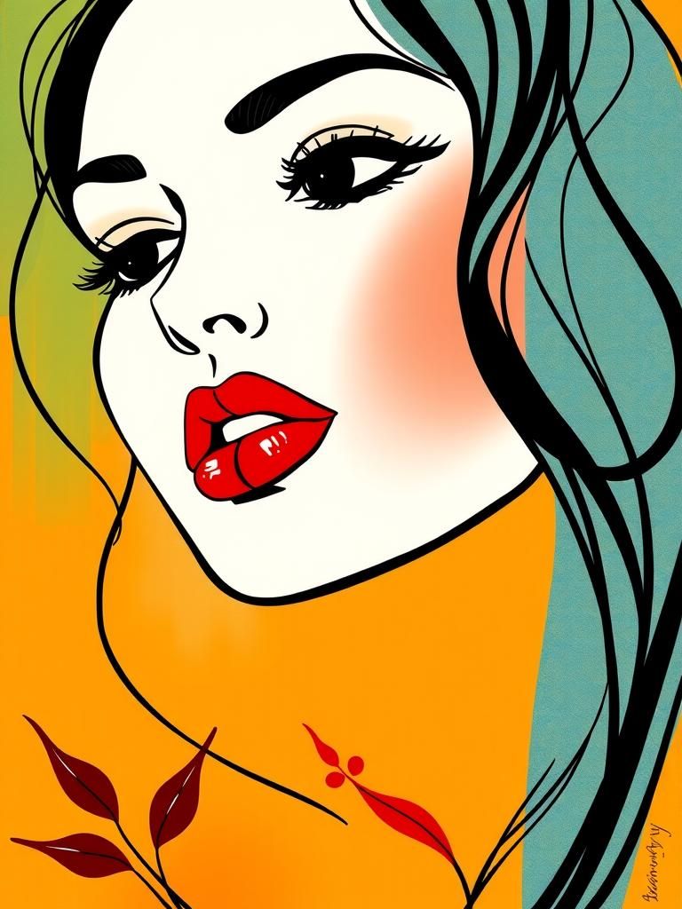 Expressive Line Art Portrait with Vibrant Accents