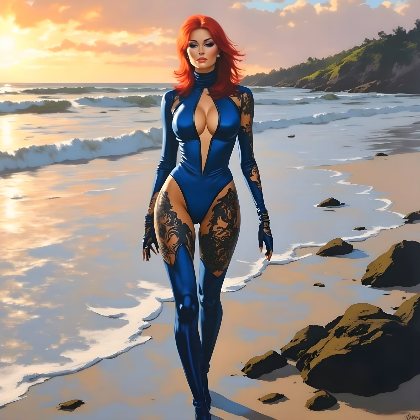 Sunset Silhouette: Tattooed Woman on Beach