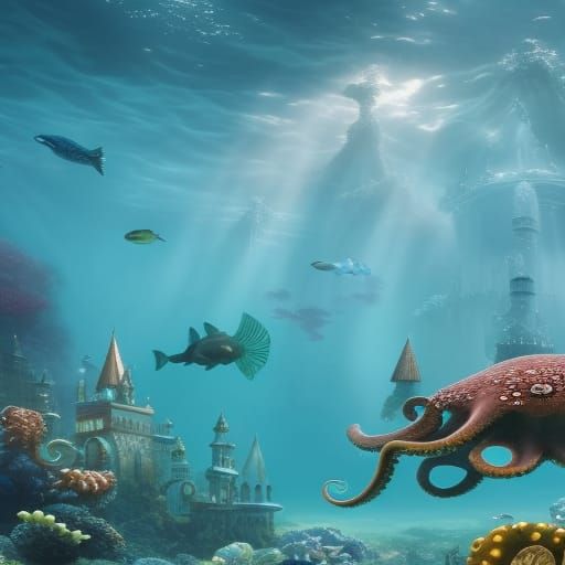 Dreamy Underwater Scene with Mermaids: Storybook Illustratio...