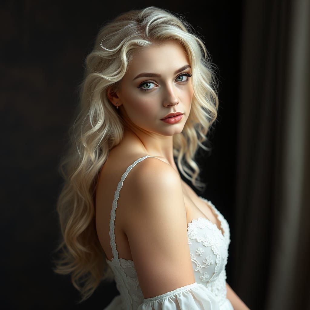 Ethereal Woman in White Lace, Platinum Blonde Hair, and Gree...