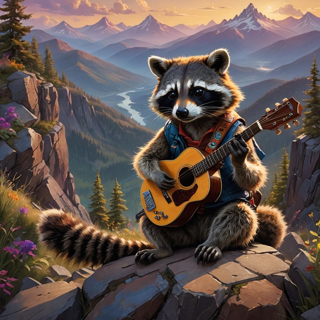 Raccoon on Mountain Peak Plays Guitar