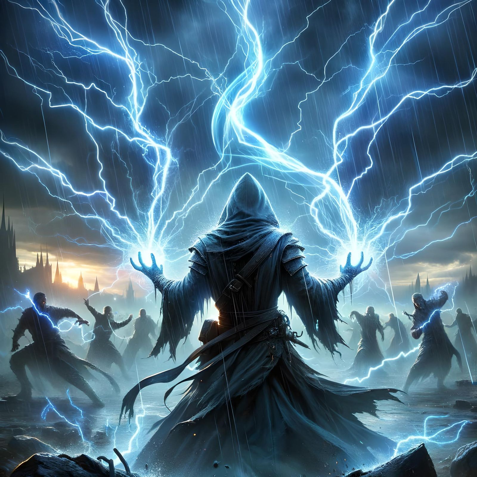 Arc of Lightning Spell in a Stormy Battlefield