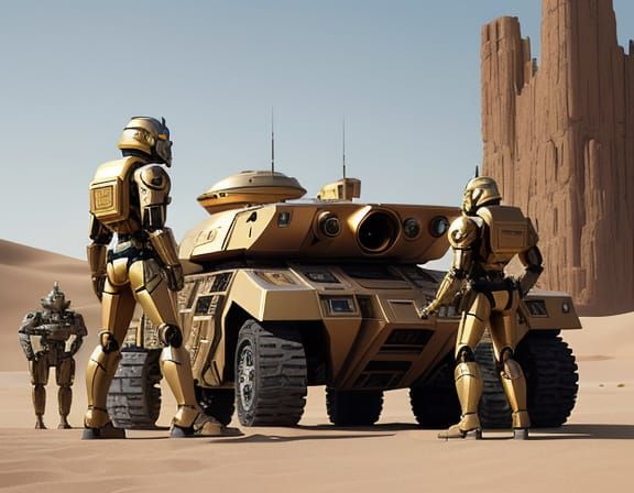 Golden Robot Warrior in Desert Landscape, Retro Futuristic S...
