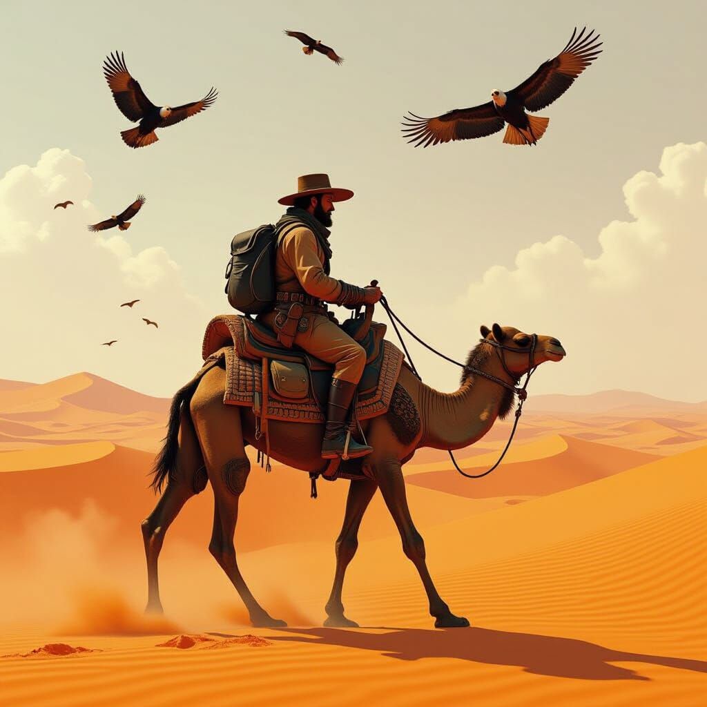 Desert Explorer on Camel, Cinematic Sci-Fi Art