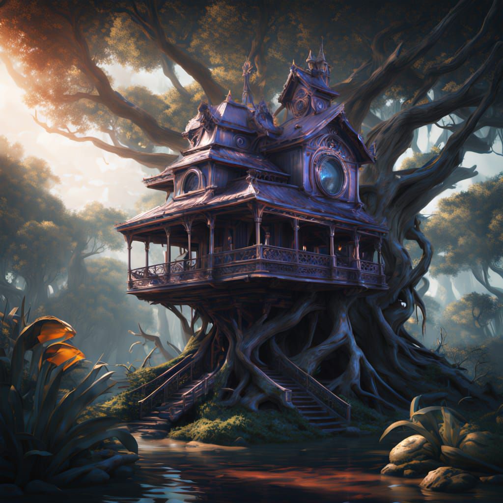 Whimsical Birdhouse in Mangrove Swamp, Digital Art