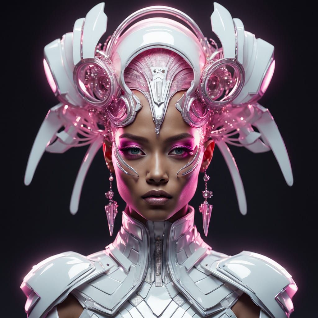 Futuristic Pink Haired Female Artist in Crystal Headpiece an...