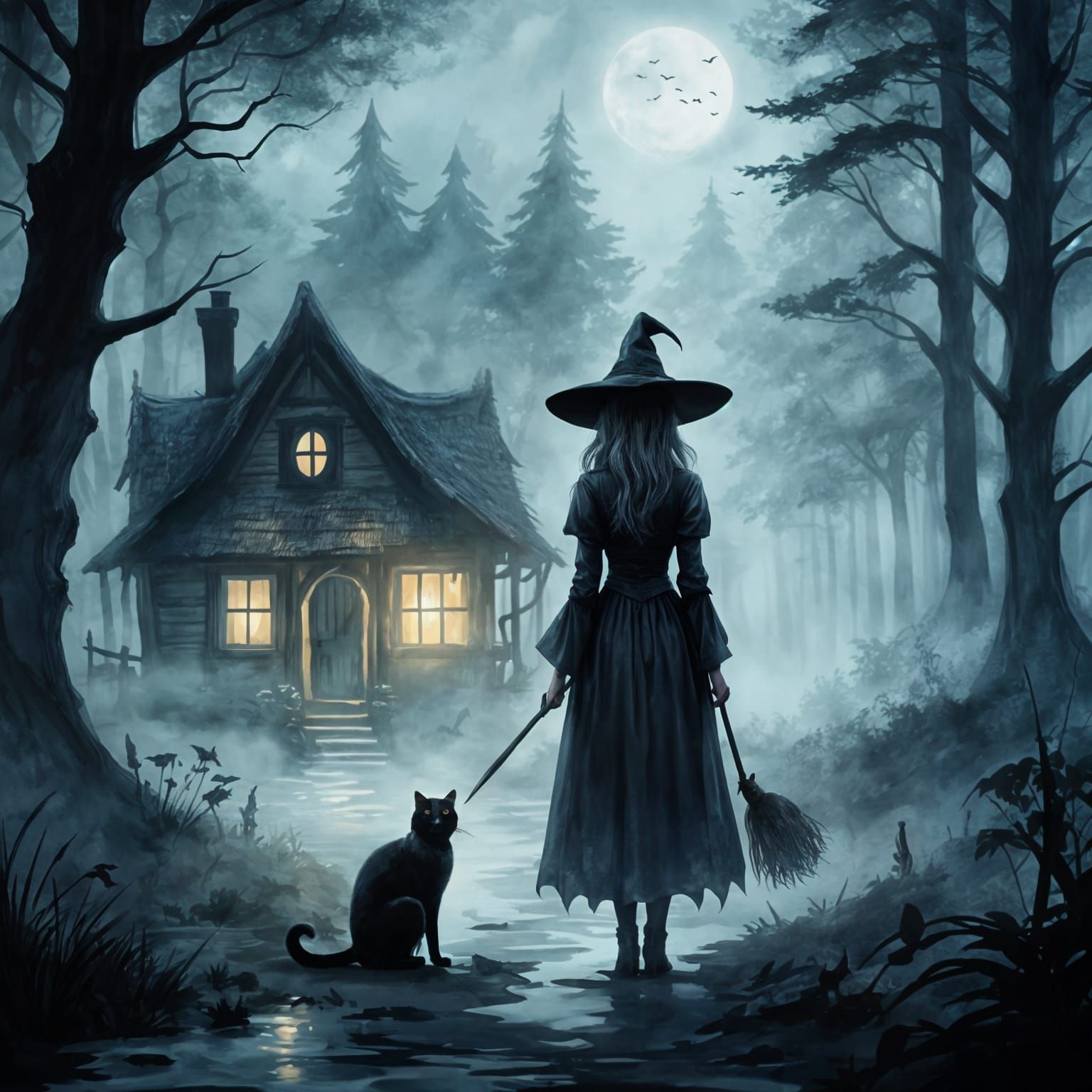 Young Witch and Cat in Foggy Forest