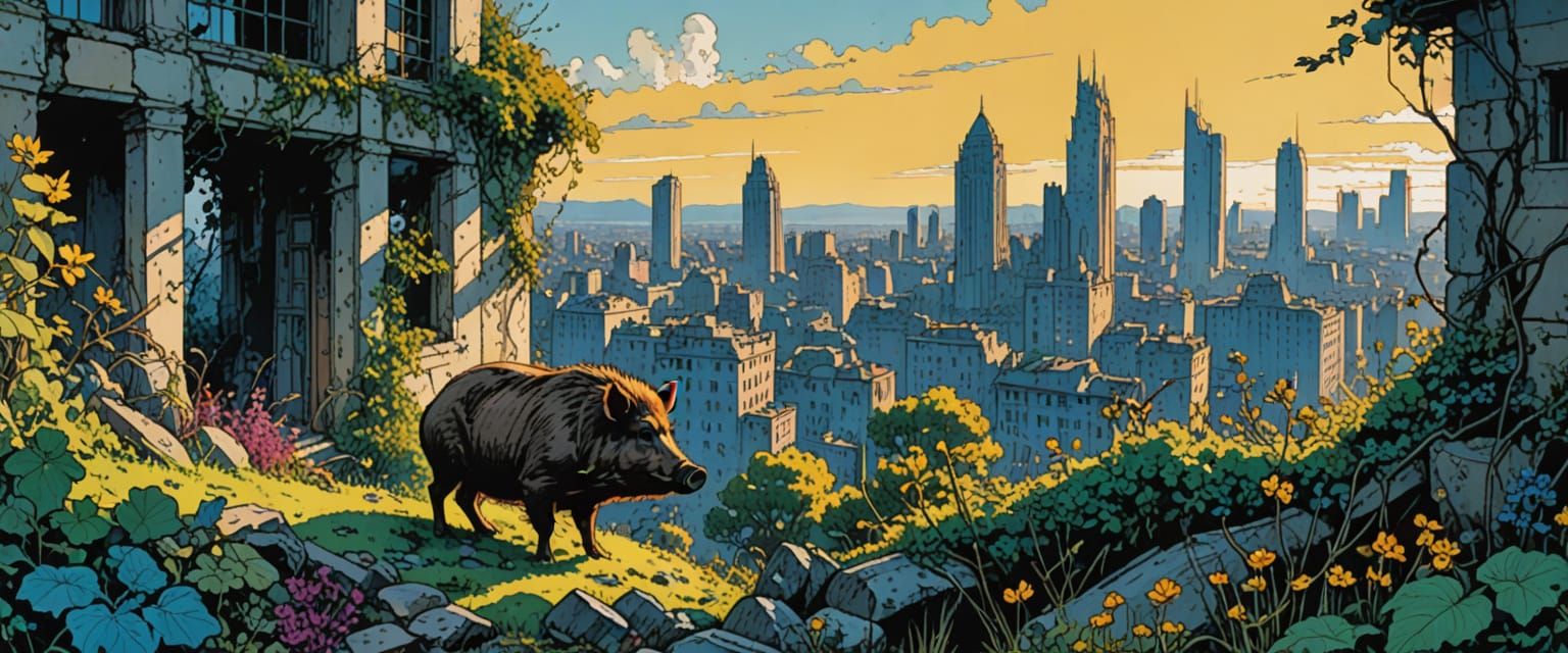 Overgrown City Ruins with Wild Boar, Watercolor Style
