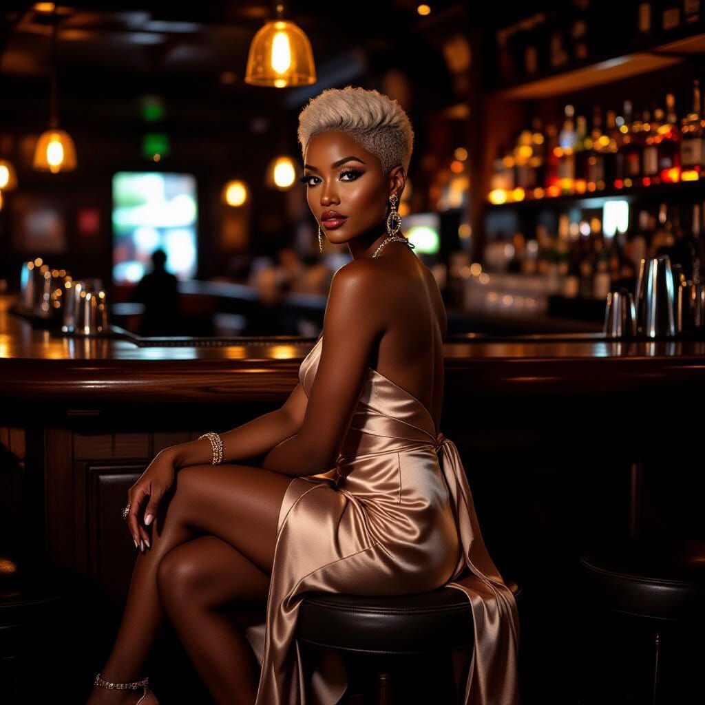African Woman in Bar, Alluring Look, Platinum Hair