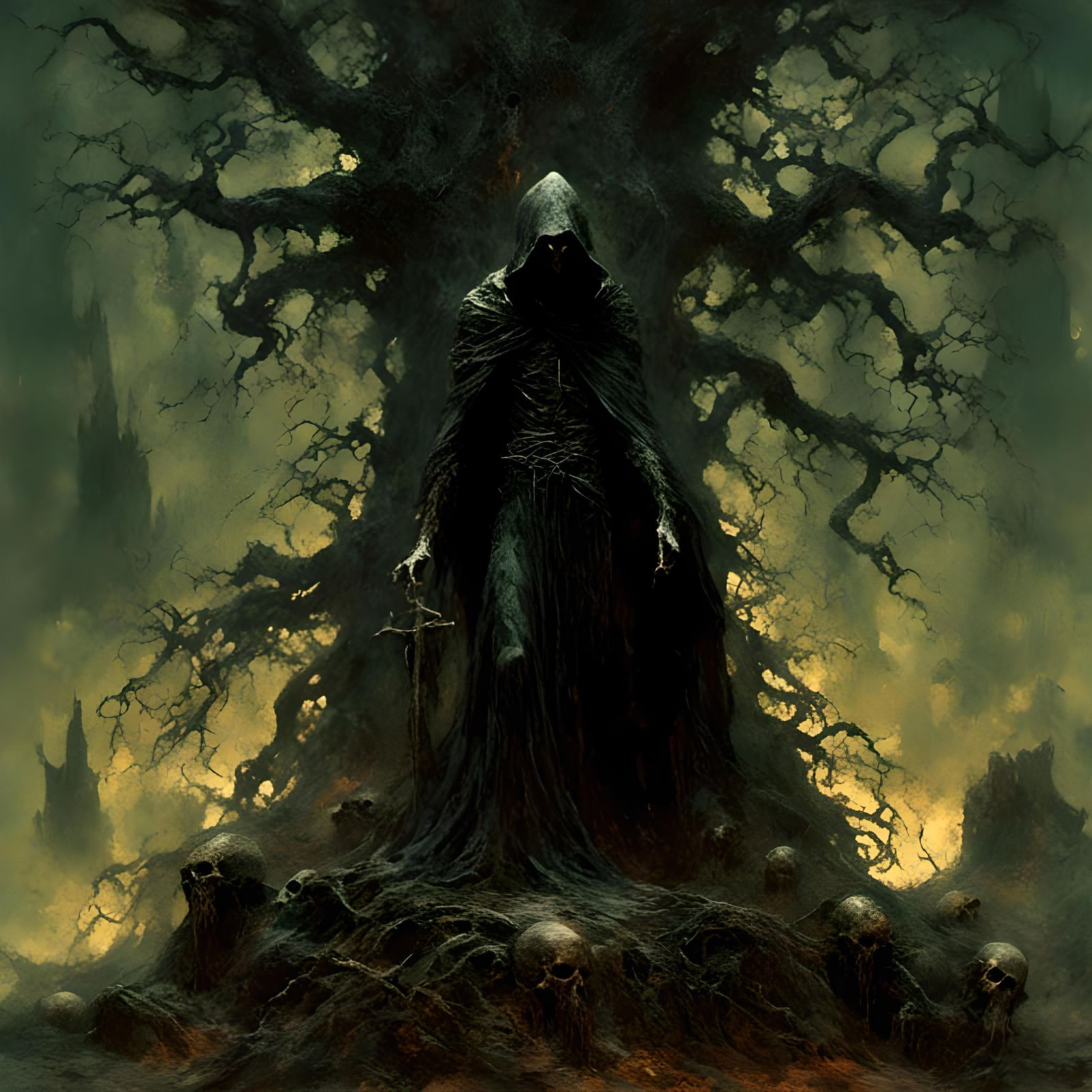 Sinister Hooded Figure in Black Metal Style