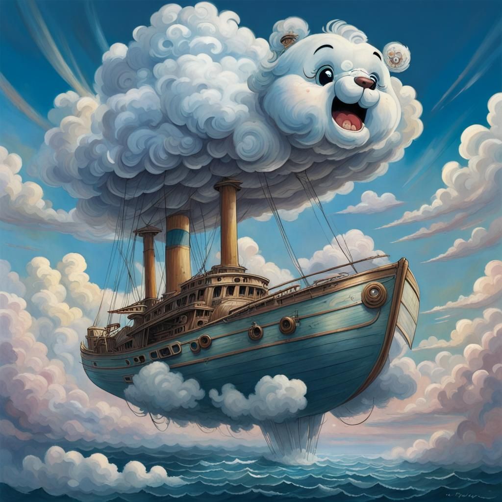Flying cloud boat, art from Care Bears, "The cloud clipper", dystopian, full of dead bodies, battle damaged
