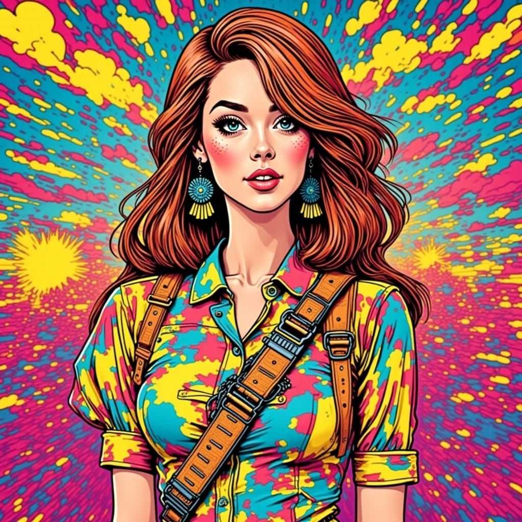 Cartoon Hippy Woman Portrait in Vibrant Style
