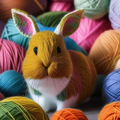 Colorful Crocheted Rabbit in 3D Digital Art