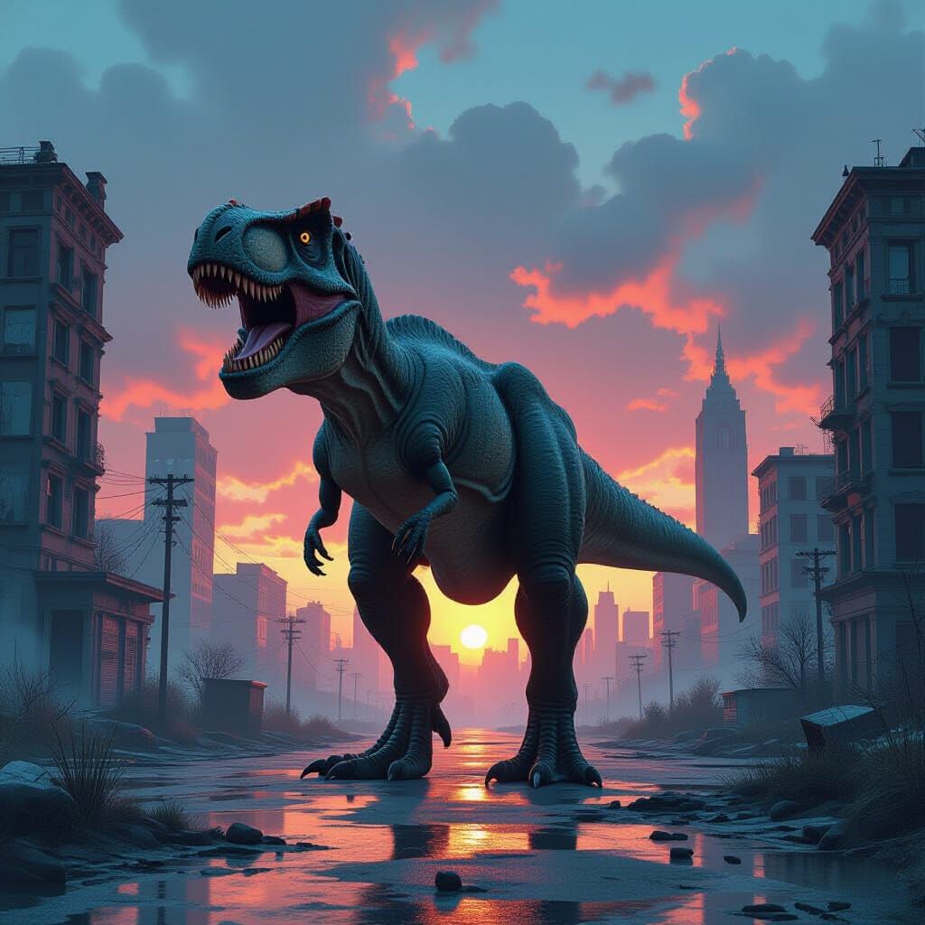 T-Rex Roams Abandoned City in Atmospheric Digital Art