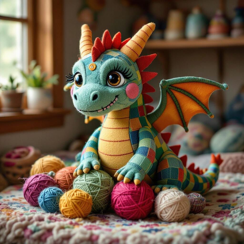 Whimsical Feltwork Dragon in Cozy Craft Room