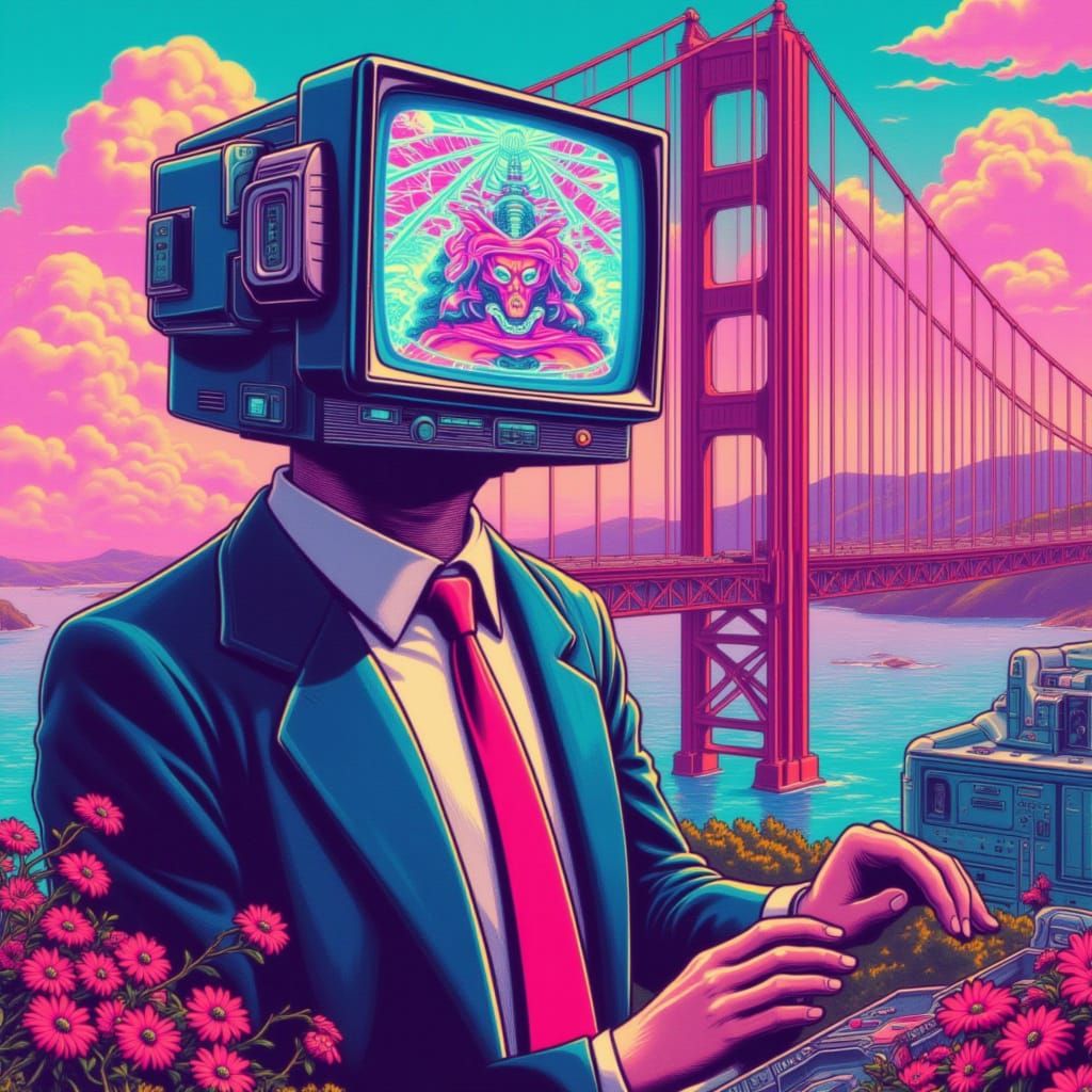 Computer Head in 8-Bit Style with Golden Gate Bridge