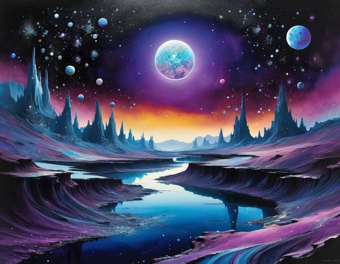 Cosmic River Moonscape with Distant Planets