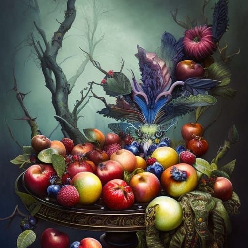 Hyperdetailed Fruit Bowl Illustration in Gouache Style