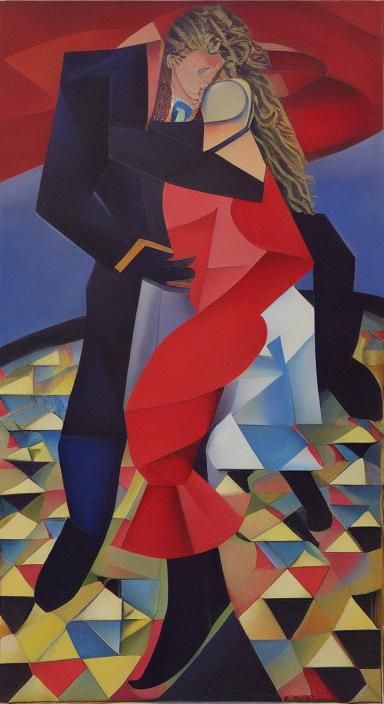 Cubist Dancers in Red, Inspired by Hergé and Botero