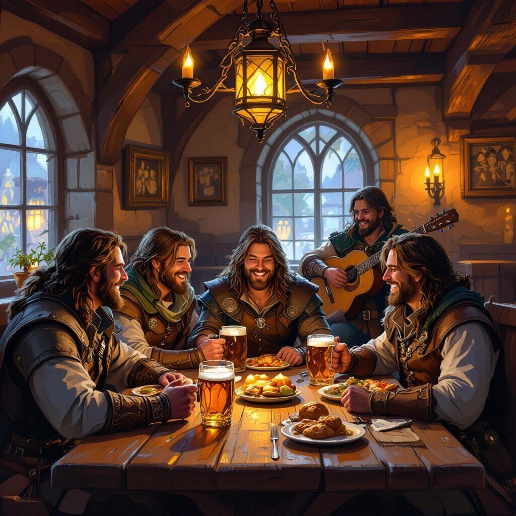 Cozy Tavern Scene: Adventurers Share Tales at Dusk