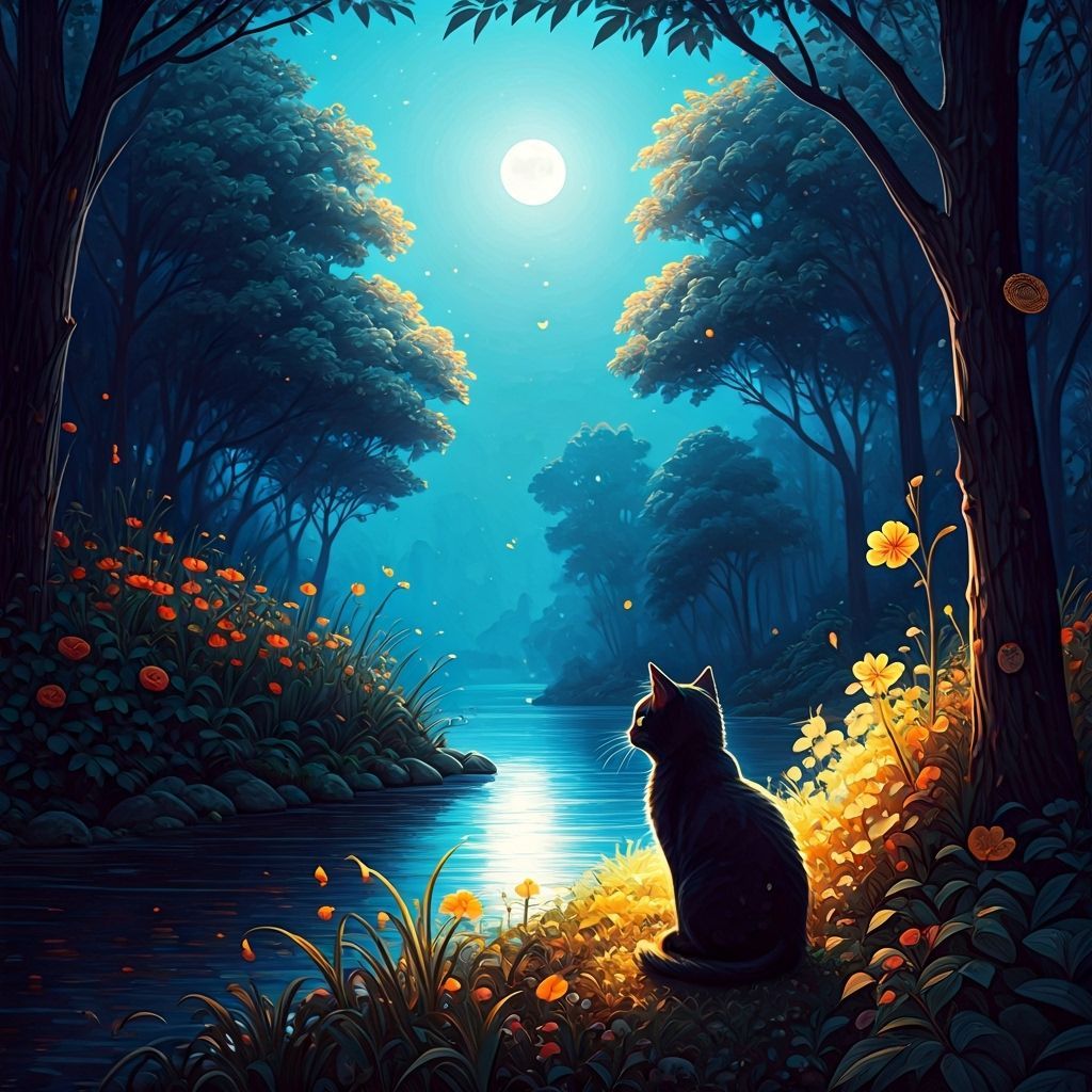 Black Cat by River: Fairytale Watercolor Illustration