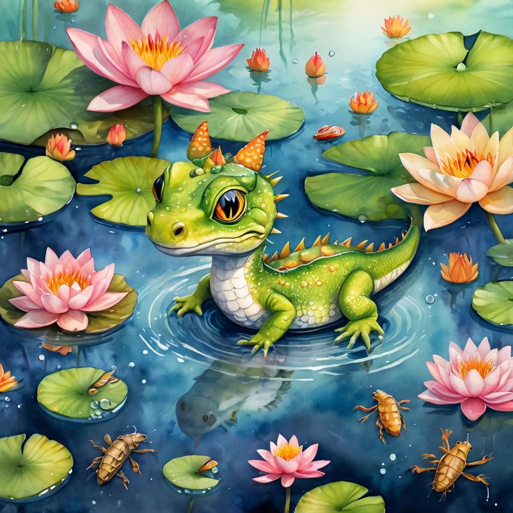 Baby Water Dragon in Pond, Watercolor Fantasy Art