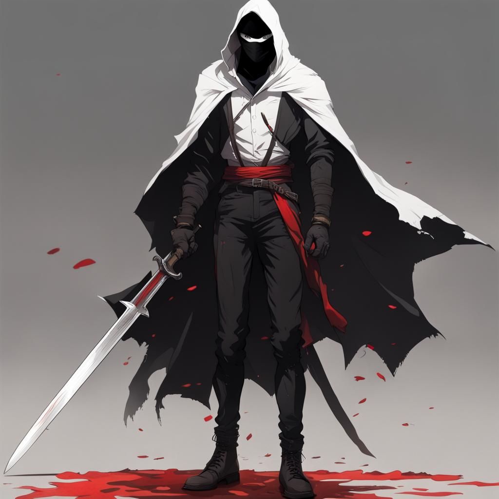 Masked Swordsman in Black Cloak with Scarlet Sword