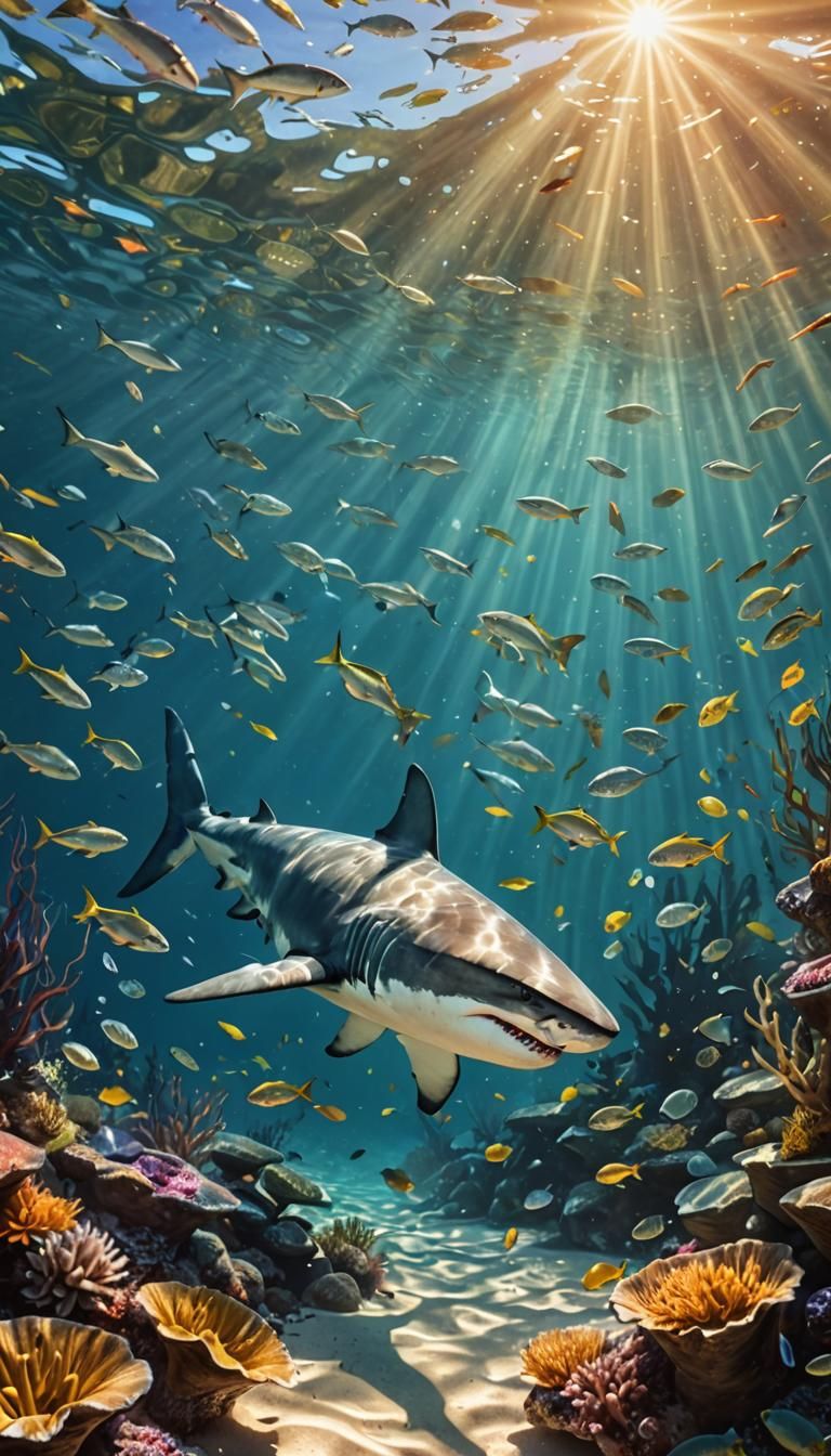 Great White Shark in Sunlit Aquatic Fantasy