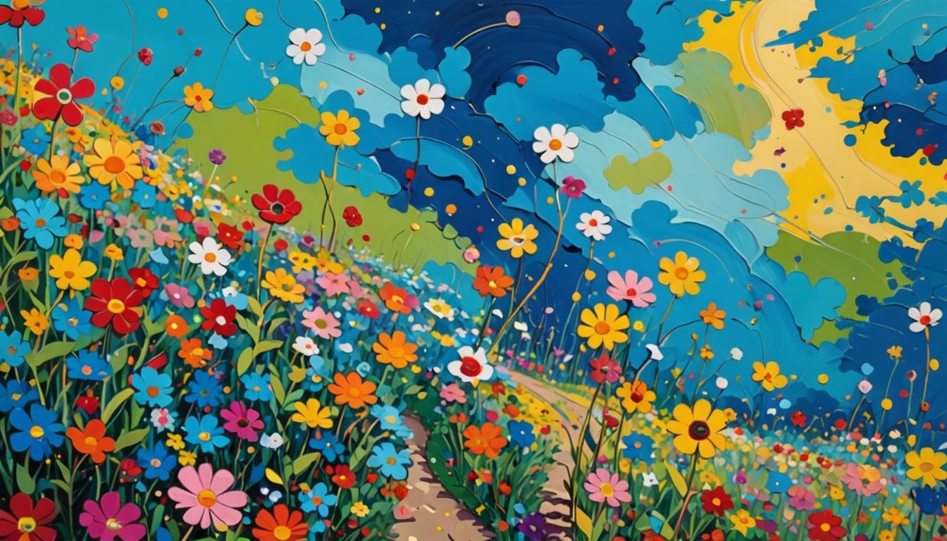 Kaleidoscopic Flower Field in Surreal Impasto Style