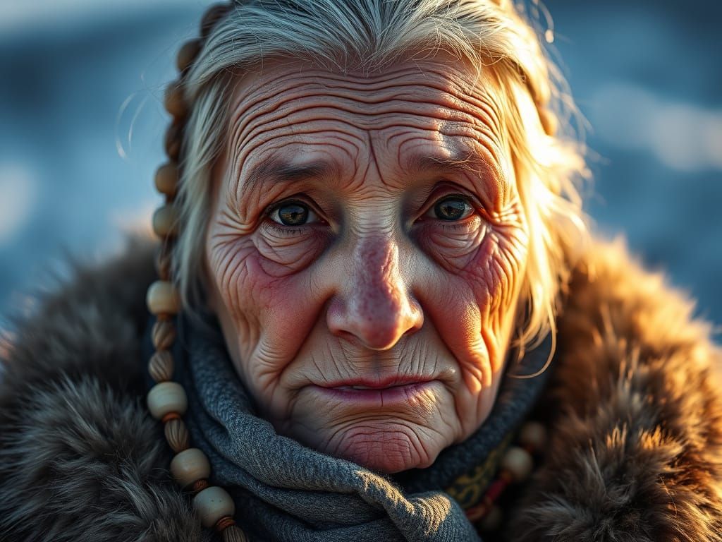 Elderly Inuit Woman in Arctic Midnight