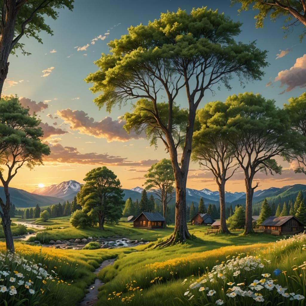 Watercolor Cabin Town at Sunset with Wildflowers